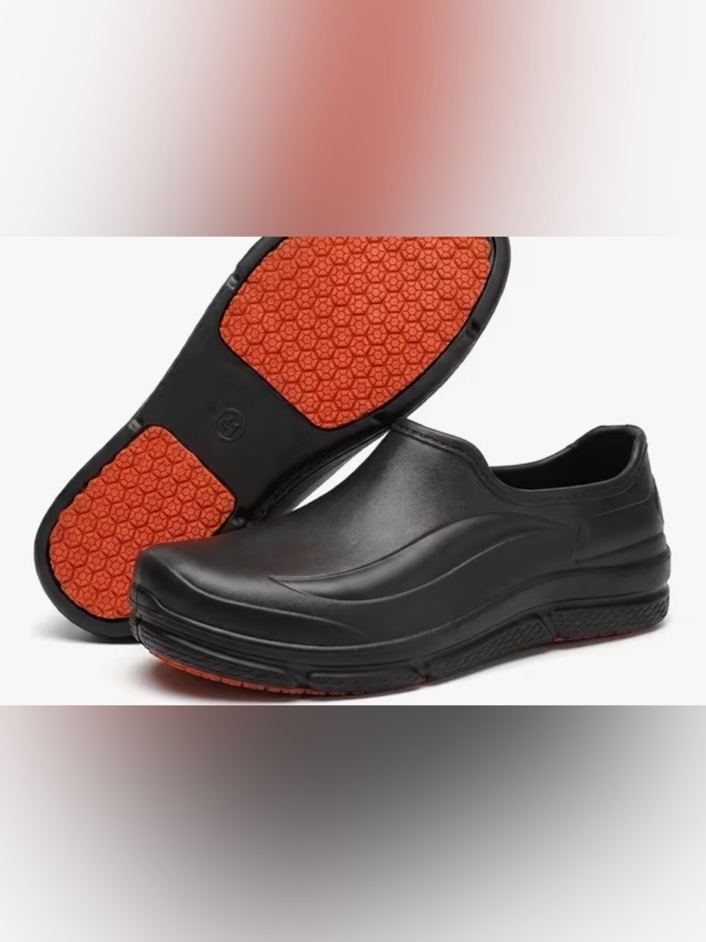 Men's Slip-On Work Shoe in Black with Orange Sole